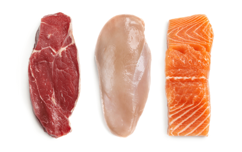 protein sources for weight loss: raw beef, chicken, and salmon